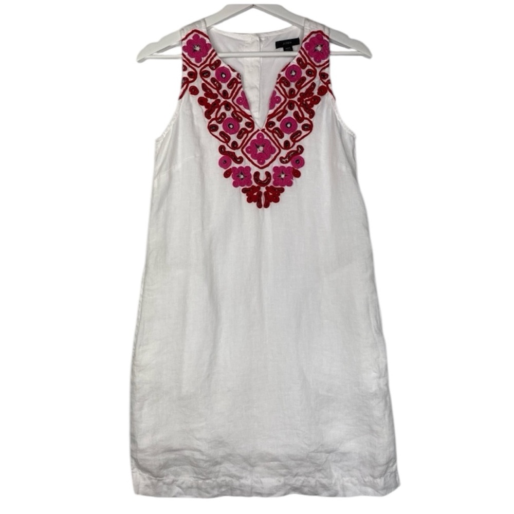 J.Crew White‎ Linen Shift Dress Floral Embroidery Womens Size XXS Button-…